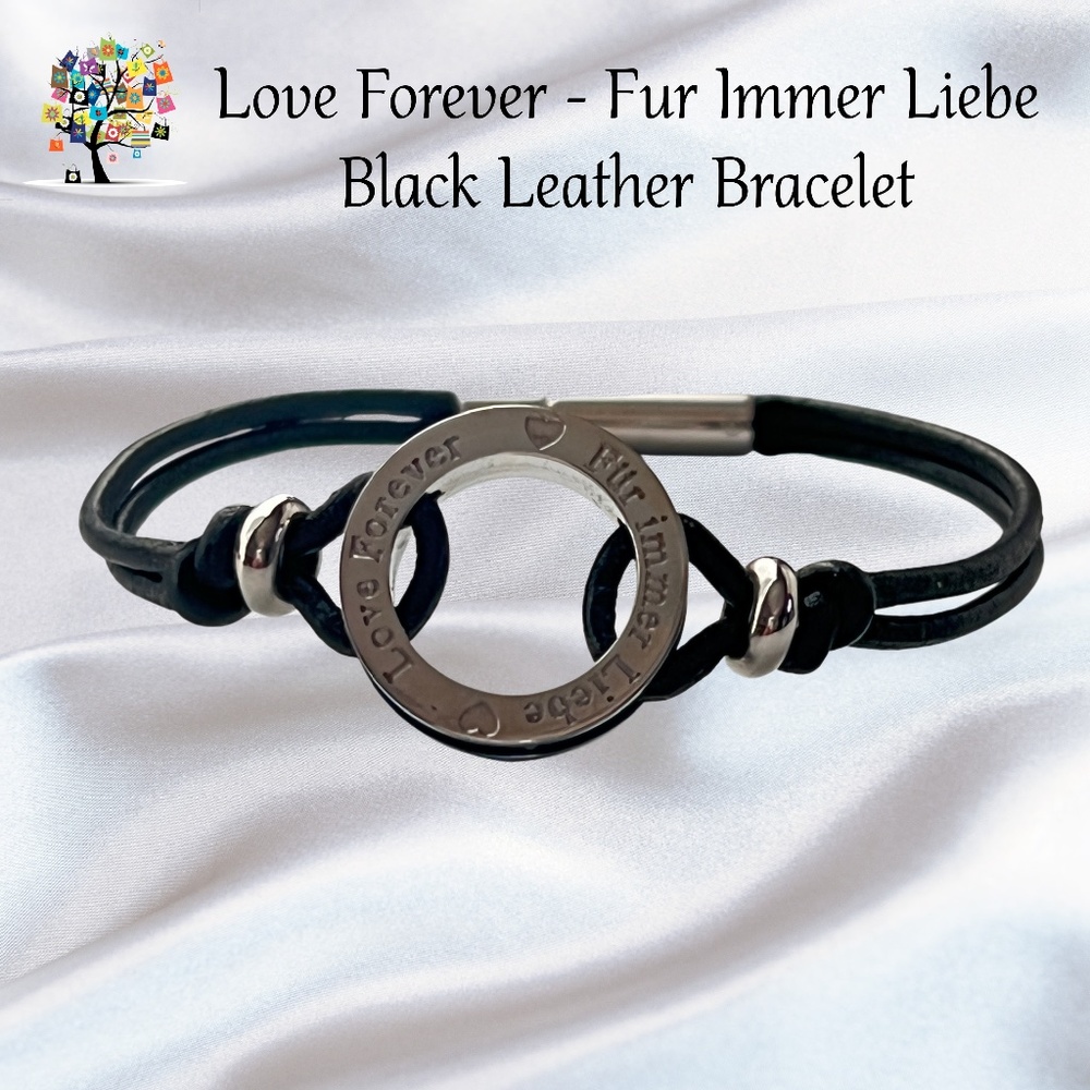 Love Forever Engraved Black Leather Bracelet In English & German - Picture 1 of 5